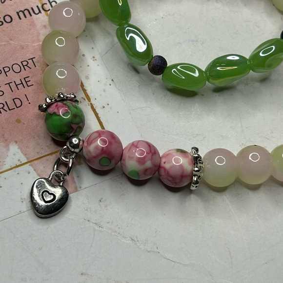Green & Pink Gemstone Heart Charm Bracelet Set - Picture 2 of 3